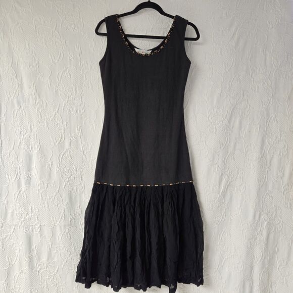 Express Black Beaded Dropwaist Flapper Dress Cotton Women Small 90s Art Deco - Picture 4 of 8